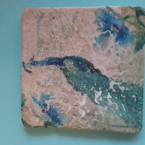 Peacock Image on 4"x4" natural stone coaster, set, walnut holder, cream blu/gr - Picture 4 of 14
